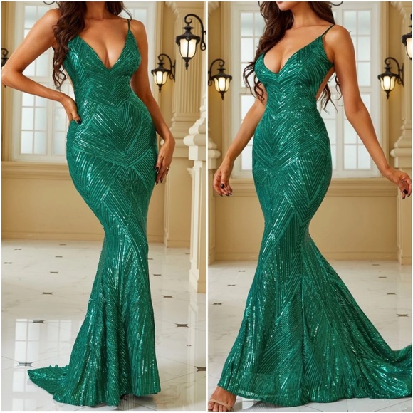 Luxe Sequin backless mermaid hem party formal prom sequins gown dress - Picture 2 of 11